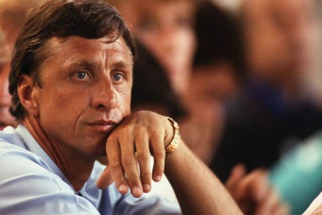 Johan Cruyff looks on during his time as manager of Barcelona. Picture: Getty