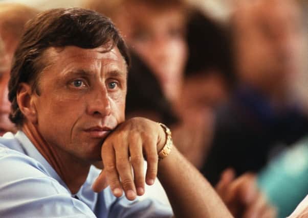 Johan Cruyff looks on during his time as manager of Barcelona. Picture: Getty