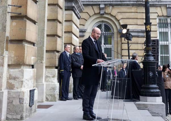 Belgian Premier Charles Michel speaks after minutes silence. Picture: AFP/Getty Images
