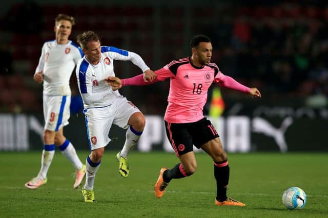 Czech Republic's David Limbersky (left) and Scotland's Matt Phillips battle for the ball at the Generali Arena, Prague. Picture: PA