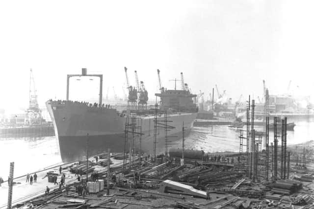 The Vitkovice slides down the slipway at Barclay Curles' shipyard on the River Clyde in April 1966.