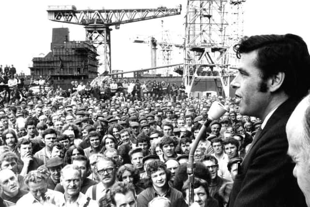 Shop stewards convener Jimmy Reid addresses a mass meeting of the Upper Clyde Shipyards workforce at Clydebank, July 1971.