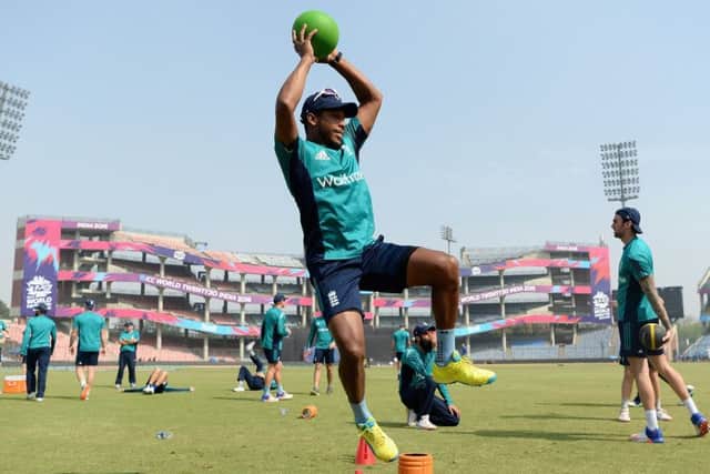 Englands Chris Jordan warms up during a nets session ahead of todays semi-final in Delhi. Picture: Getty