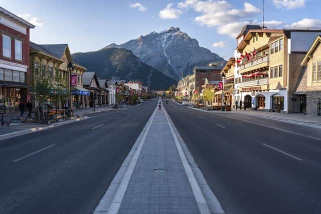 A scenic view of Banff's main thoroughfare
