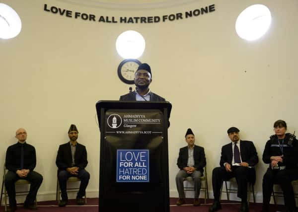 Ahmadiyya Muslim Association external affairs secretary, Ahmed Owusu Konadu, at The Bait Ur Rahman Mosque in the West End, Glasgow, addressing the media following the killing of Muslim shopkeeper Asad Shah. Picture: SWNS Group