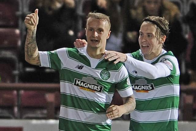 Leigh Griffiths celebrates after opening the scoring in Celtic's October League Cup win over Hearts. Picture: Neil Hanna