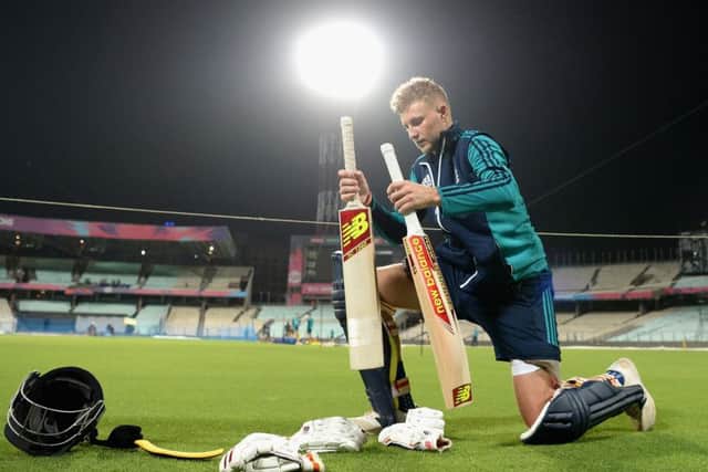 Joe Root prepares to bat during an England net session at Eden Gardens, the venue for tomorrows final against the West Indies. Picture: Getty