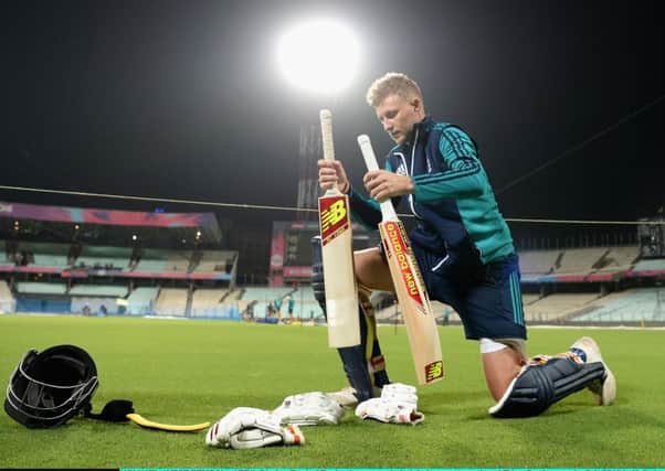 Joe Root prepares to bat during an England net session at Eden Gardens, the venue for tomorrows final against the West Indies. Picture: Getty