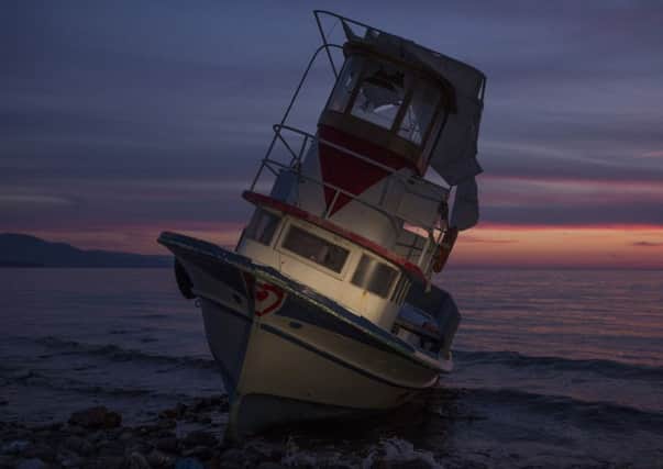 The wreck of a boat from Turkey used to transport refugees in Mithymna, Greece. Picture: Getty