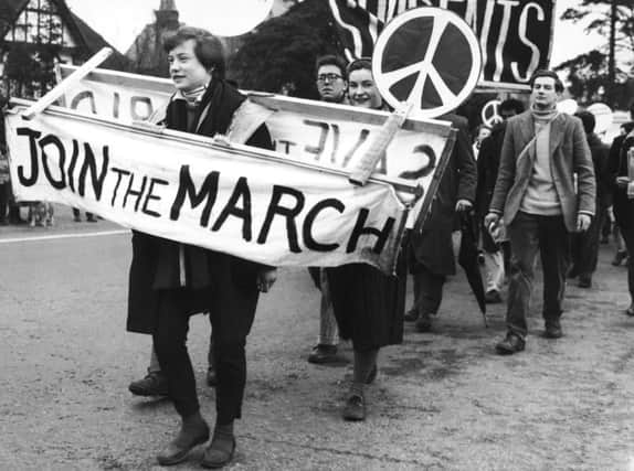 1958: The first protest march by Campaign for Nuclear Disarmament left London for Aldermaston. Picture: Getty