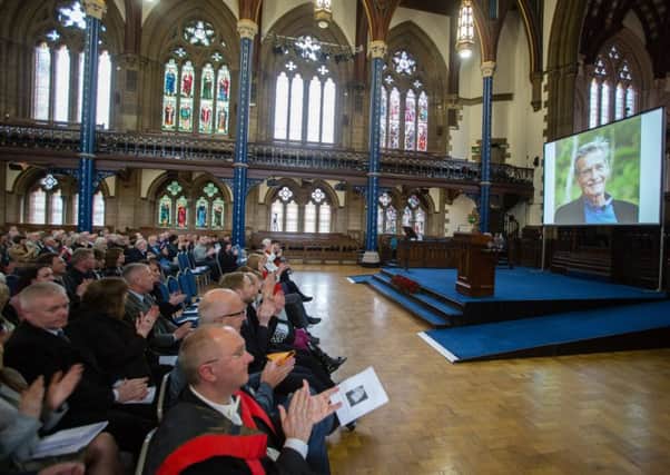 The memorial service for William McIlvanney at Glasgow Universitys Bute Hall yesterday. Picture: Martin Shields