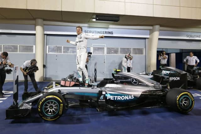 Nico Rosberg celebrates on his Mercedes after enjoying a comfortable Bahrain Grand Prix victory. Picture: AP