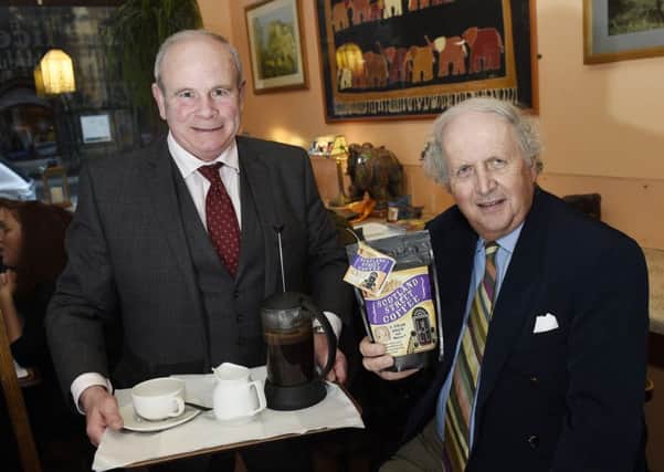 Ralph Lutton (MD of Brodies) and Alexander McCall Smith in The Elephant House to mark the launch of Scotland Street Coffee. Pic Greg Macvean