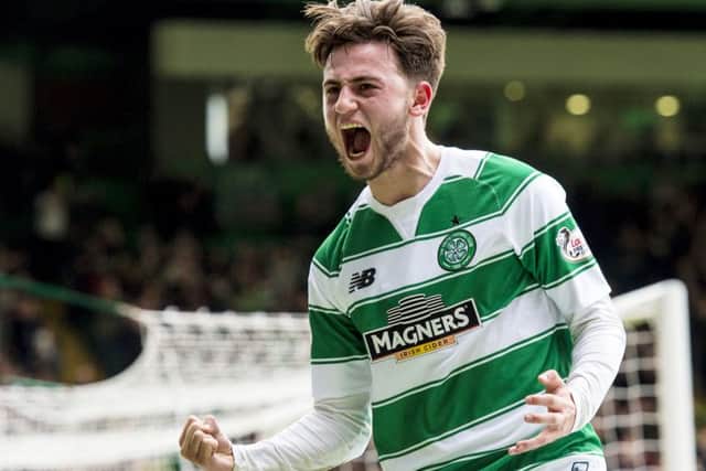 Celtic's Patrick Roberts celebrates his first of two goals against Hearts. Picture: SNS