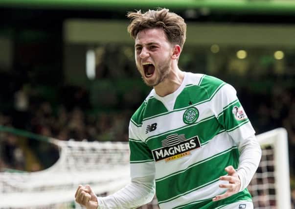 Celtic's Patrick Roberts celebrates his first of two goals against Hearts. Picture: SNS