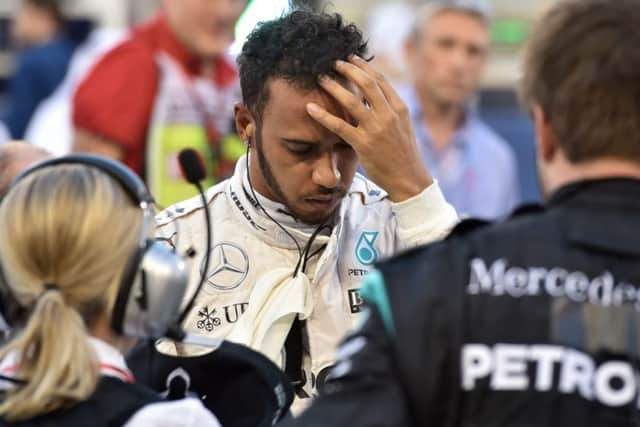 Lewis Hamilton shows his frustration in the Mercedes garage at the Bahrain Grand Prix. Picture: Andrej Isakovic/AFP?Getty