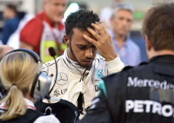 Lewis Hamilton shows his frustration in the Mercedes garage at the Bahrain Grand Prix. Picture: Andrej Isakovic/AFP?Getty