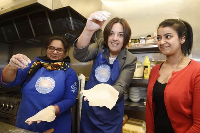 Scottish Labour leader Kezia Dugdale visits Punjabi Junction on Leith Walk to learn how to make chapatis. Picture: Greg Macvean