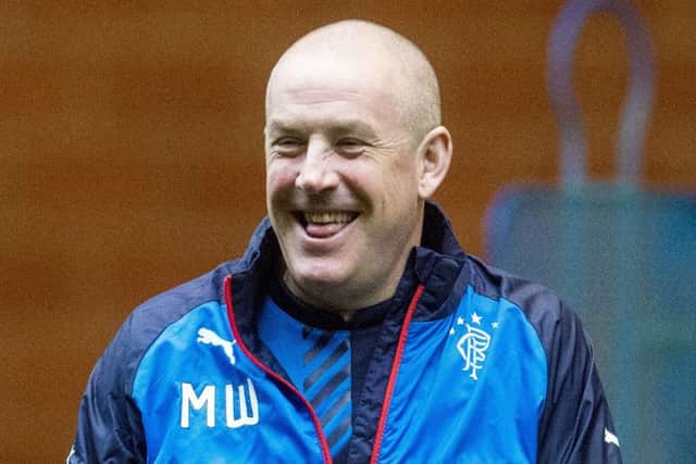 Rangers manager Mark Warburton enjoys a lighter moment in training at Murray Park yesterday. Picture: SNS