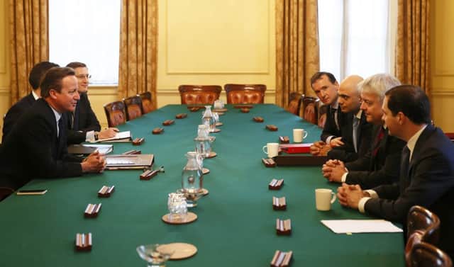 David Cameron, left, with Welsh Secretary Alun Cairns, Sajid Javid, Carwyn Jones and George Osborne. Picture: AFP