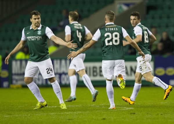 Hibernian's Anthony Stokes (28) celebrates after leveling the score. Picture: SNS
