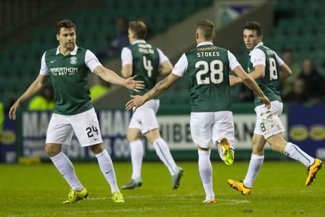 Hibernian's Anthony Stokes (28) celebrates after leveling the score. Picture: SNS