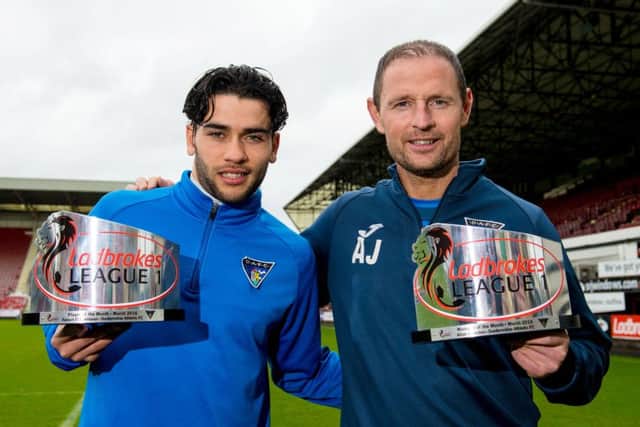 Dunfermline manager Allan Johnston (right) and Faissal El Bakhtaoui receive their Ladbrokes League One Manager and Player of the Month awards. Picture: SNS