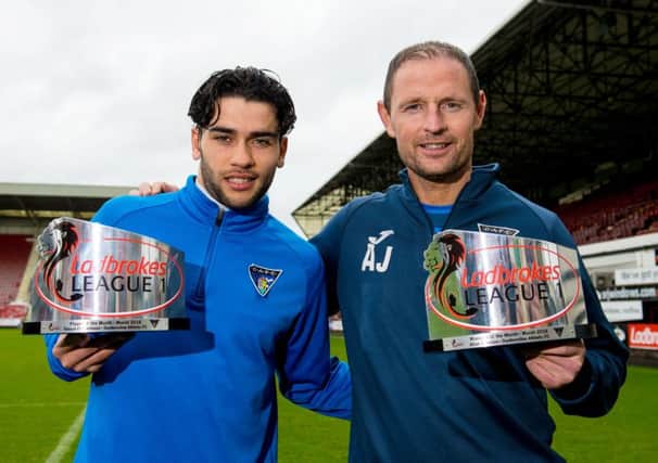 Dunfermline manager Allan Johnston (right) and Faissal El Bakhtaoui receive their Ladbrokes League One Manager and Player of the Month awards. Picture: SNS