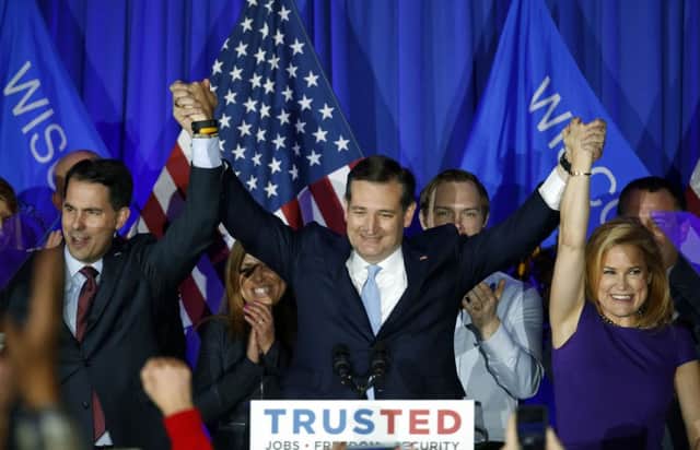 Ted Cruz celebrates his victory over Donald Trump in the Wisconsin primary. Picture: AP