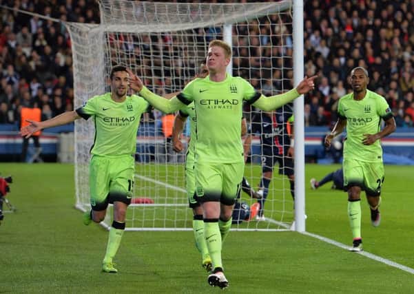 Kevin De Bruyne celebrates after putting Manchester City 1-0 up after 38 minutes in Paris. Picture: Getty Images