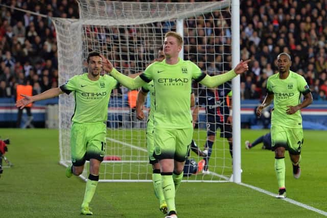 Kevin De Bruyne celebrates after putting Manchester City 1-0 up after 38 minutes in Paris. Picture: Getty Images
