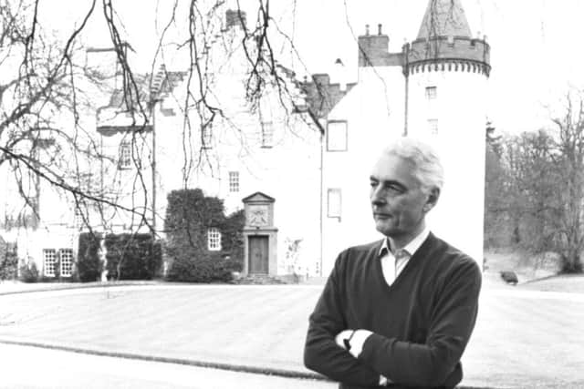 David Ogilvy, Earl of Airlie, outside Cortachy Castle, the family's ancestral home in Angus, May 1989.