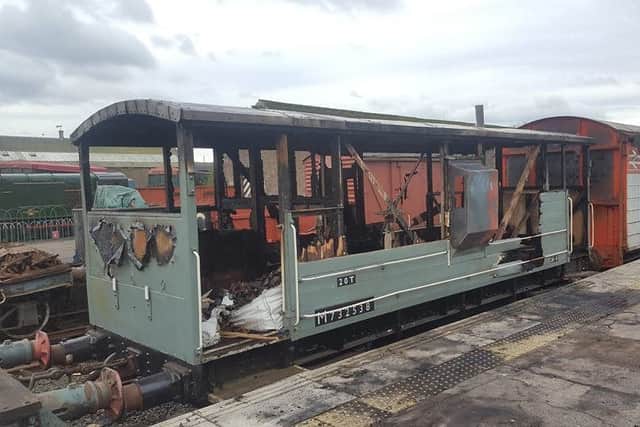 A restored 1940s LMS brakevan was set on fire. Picture: Kingdom News