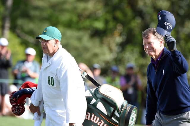 Tom Watson acknowledges the patrons walking up the 18th hole. Picture: Getty Images