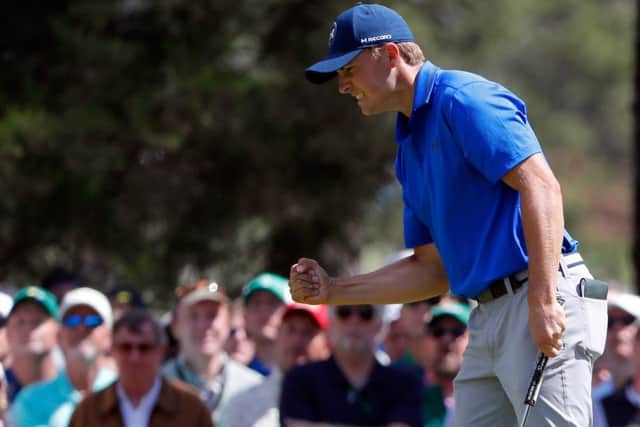 Jordan Spieth reacts to holing a par putt at the sixth in his second round. Picture: Getty Images