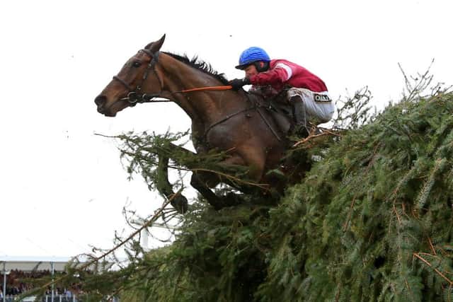 Rule the World ridden by David Mullins jumps a fence en route to victory in the Crabbie's Grand National. Picture: Mike Egerton/PA Wire