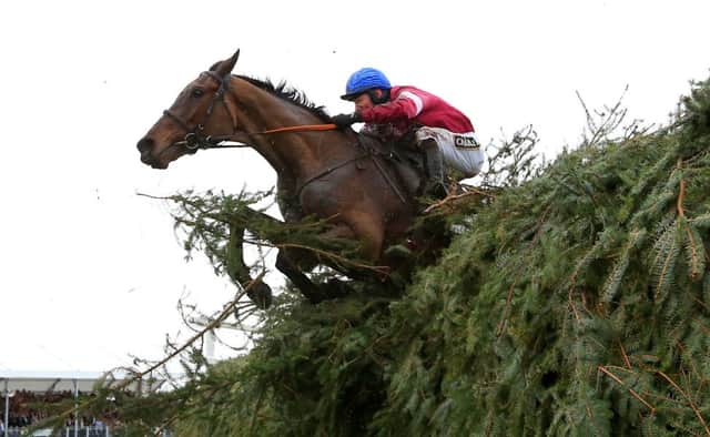 Rule the World ridden by David Mullins jumps a fence en route to victory in the Crabbie's Grand National. Picture: Mike Egerton/PA Wire