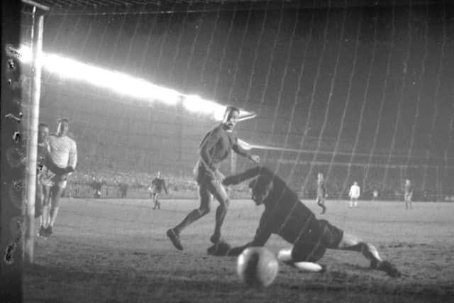 Kilmarnock v Real Madrid at Rugby Park in November 1965 - McInally knocks the ball past Betancort to score Killie's second goal, with the final score 2-2. Picture: Ian Brand