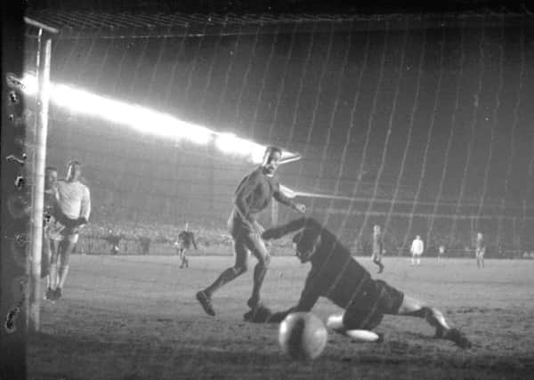 Kilmarnock v Real Madrid at Rugby Park in November 1965 - McInally knocks the ball past Betancort to score Killie's second goal, with the final score 2-2. Picture: Ian Brand
