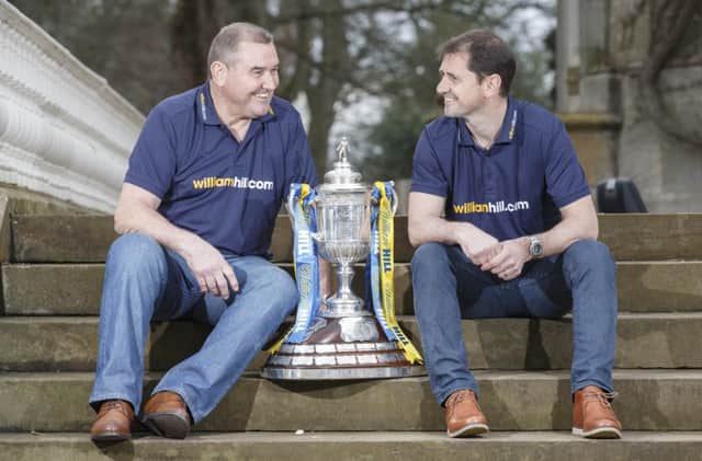 Jackie McNamara senior and junior at Carlowrie Castle  to preview the William Hill Scottish semi-final between Dundee United and Hibs. Picture: Steve Welsh