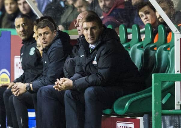 Hibernian manager Alan Stubbs looks on during the match with Falkirk. Picture: SNS