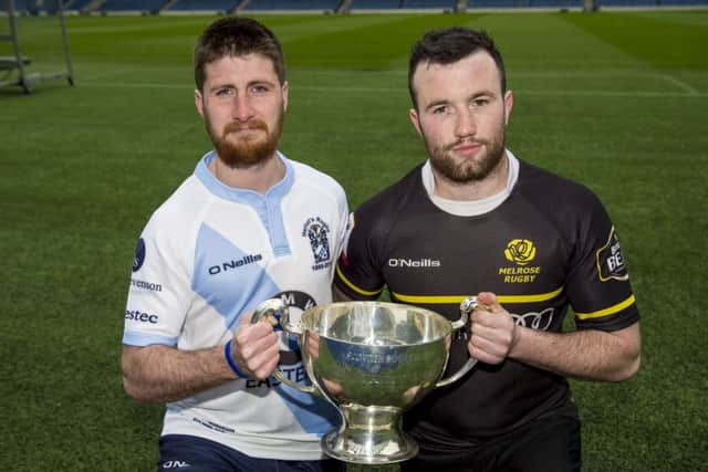 Heriot's stand-off Gregor McNeish and Melrose captain Bruce Colvine promote the BT Cup final at Murrayfield. Photograph: SNS/SRU