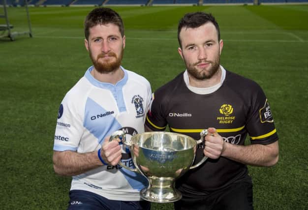 Heriot's stand-off Gregor McNeish and Melrose captain Bruce Colvine promote the BT Cup final at Murrayfield. Photograph: SNS/SRU