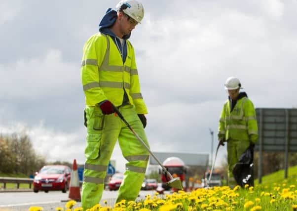 Scotland TranServ maintenance workers clear rubbish from the side of a road. Picture: Contributed