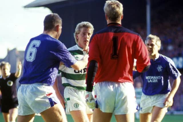 Rangers goalkeeper Chris Woods and Frank McAvennie see red during a 1987 Old Firm derby. Picture: SNS