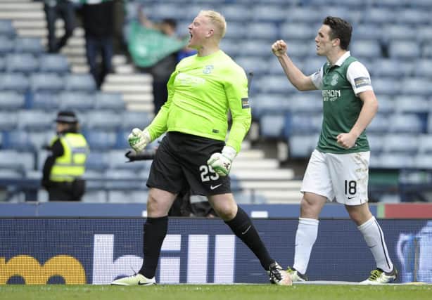 Hibs goalkeeper Conrad Logan celebrates with John McGinn.   Picture: Neil Hanna