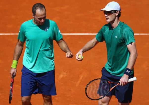 Bruno Soares, left, and Jamie Murray during their semi-final win over Ivan Dodig and Marcelo Melo in the Monte Carlo Rolex Masters. Picture: Michael Steele/Getty Images