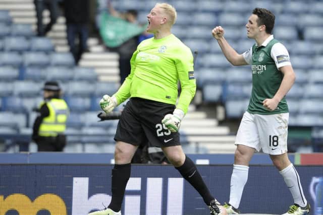 Penalty shoot-out
Conrad Logan of Hibernian salutes the Hibs fans having saved two United penalties.
Picture: Neil Hanna