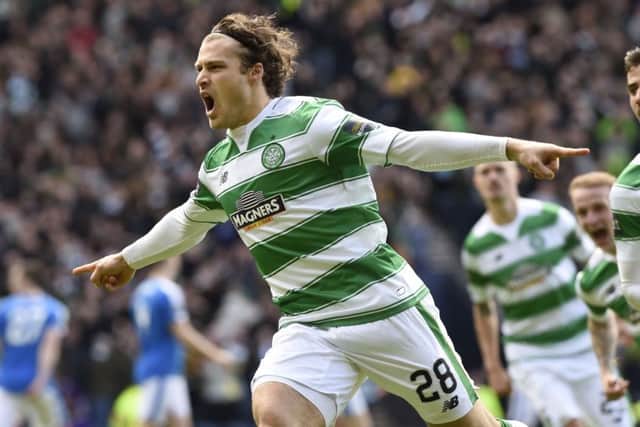 Erik Sviatchenko celebrates after scoring the equaliser in the Scottish Cup semi-final against Rangers.
Picture: Ian Rutherford
