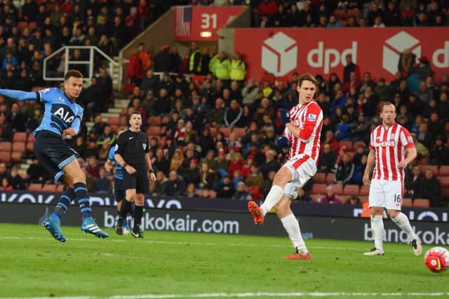 Dele Alli scores his second goal and Spurs' fourth against Stoke. Picture: Getty